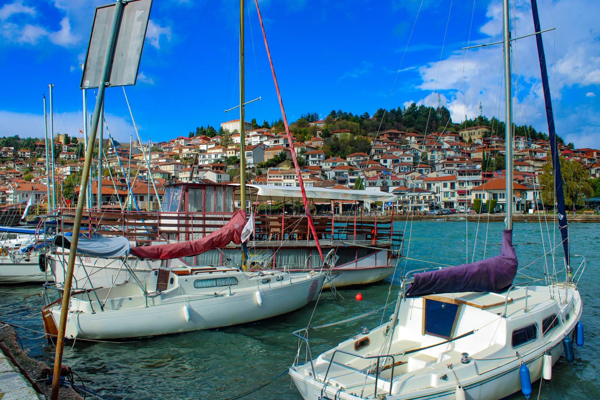 a group of sailboats docked in a harbor