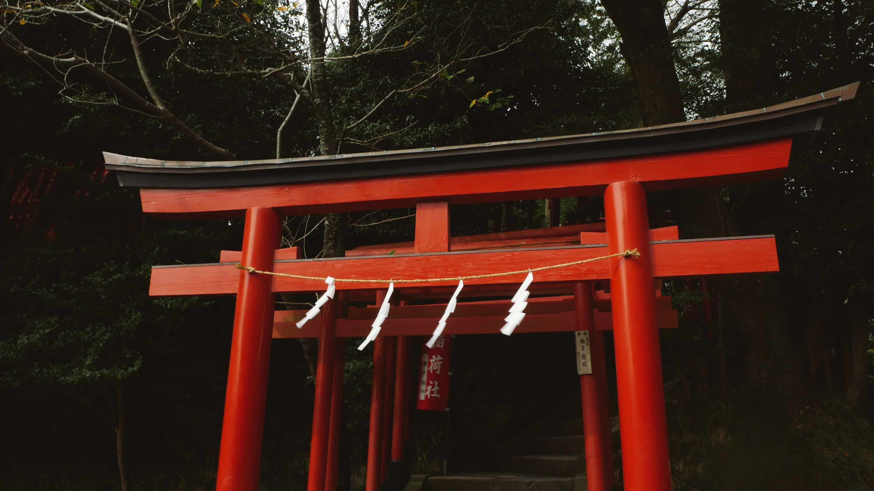 A red torii gate stands at a japanese shrine.