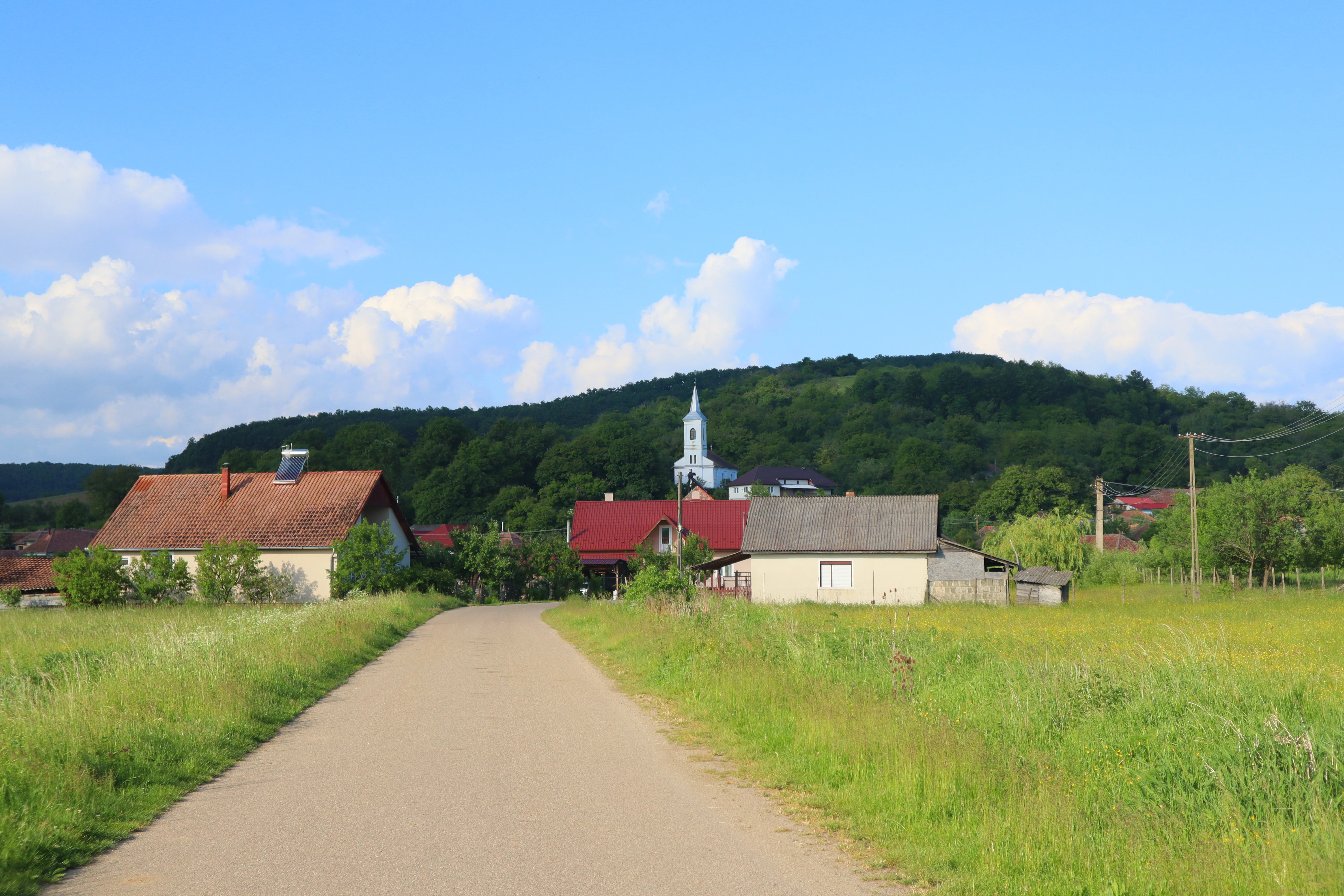 A country road with a small village in the distance