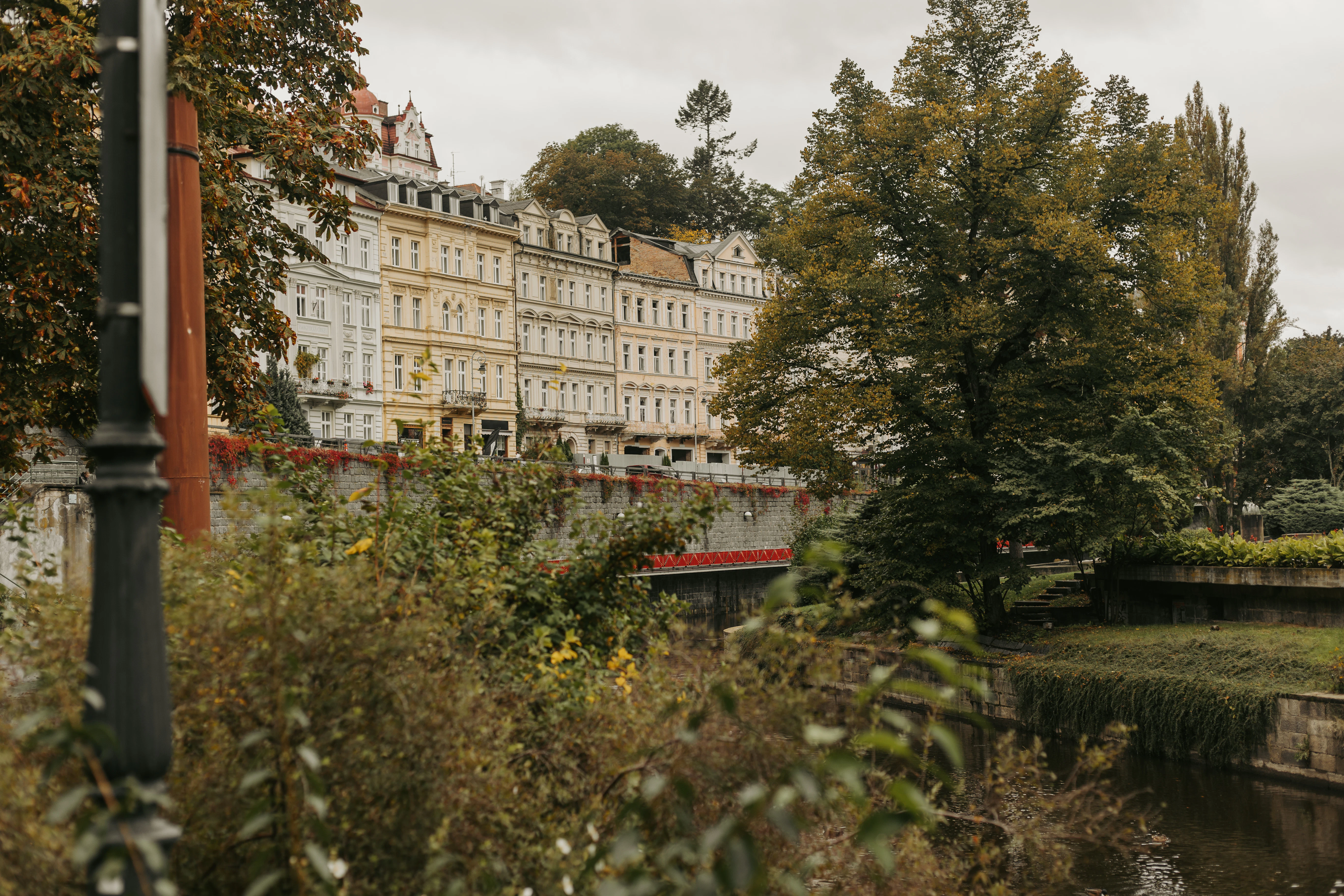 A river running through a lush green park