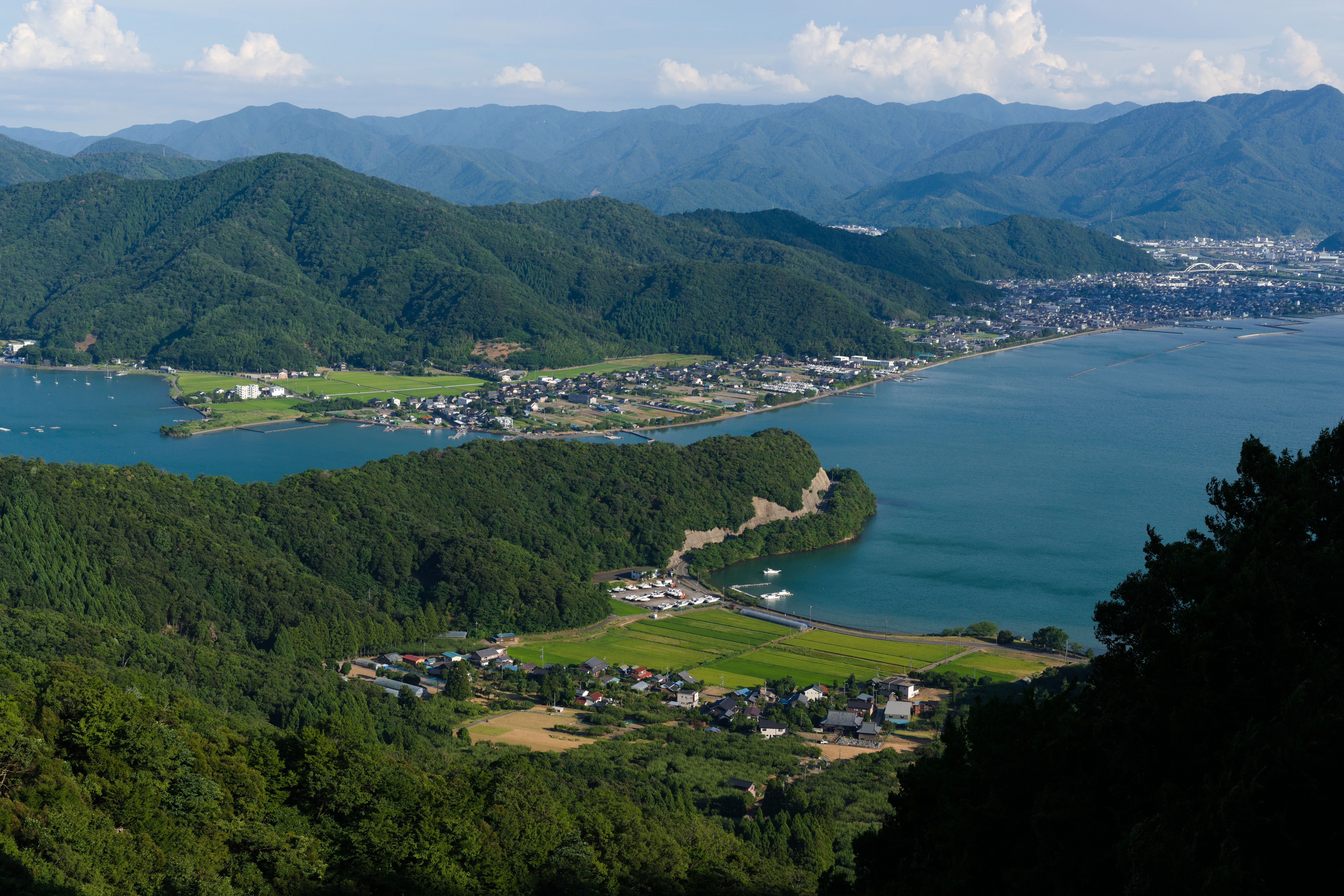 Lake with surrounding mountains and a town
